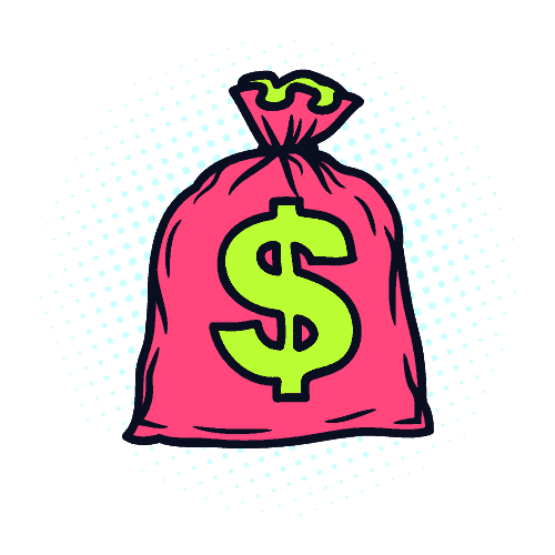 a pink and green bag of money